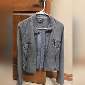 Gray Leather Jacket with Zipper Details